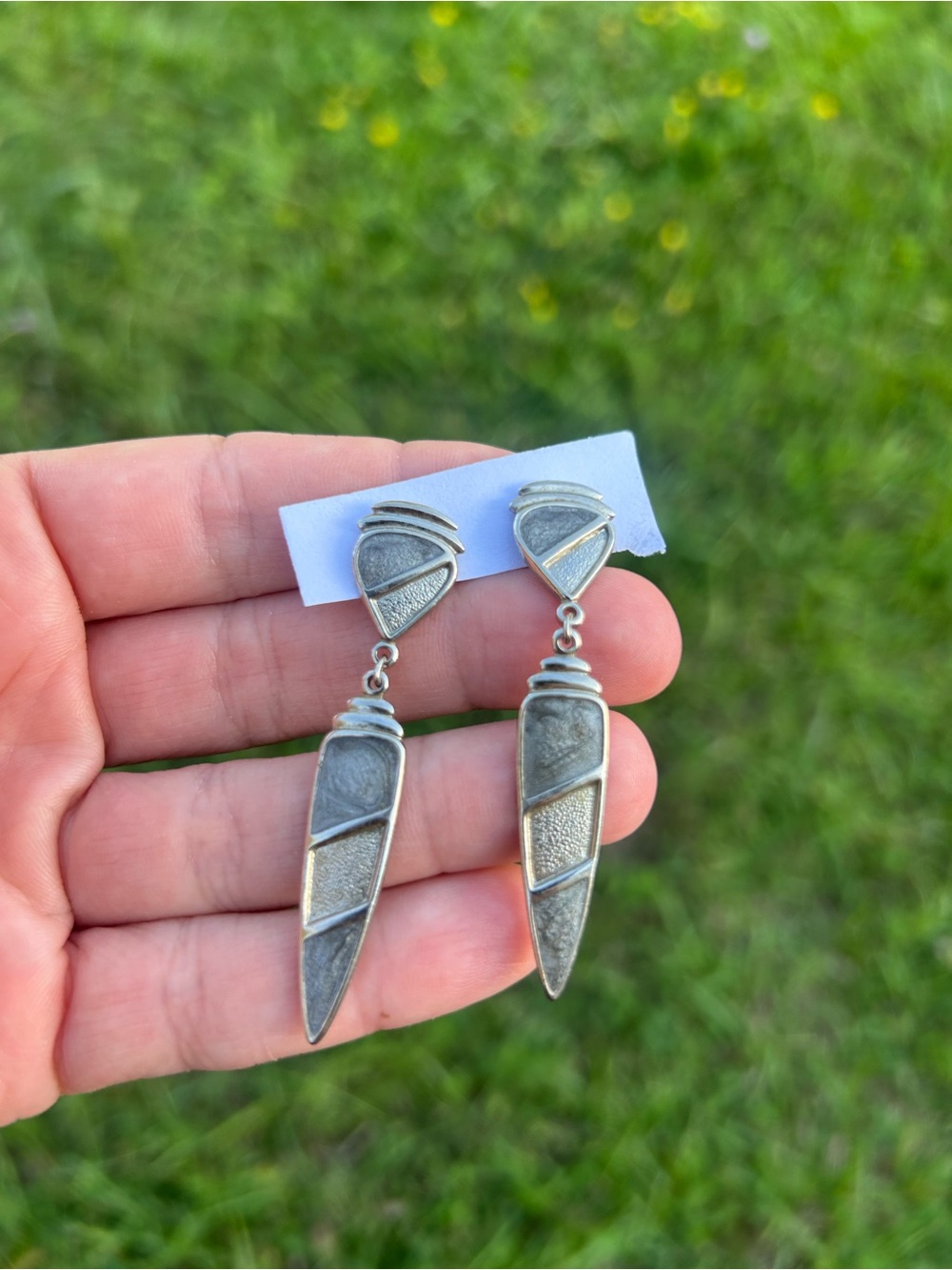 Vintage Modernist Geometric Drop Dangle Earrings Gray Enamel